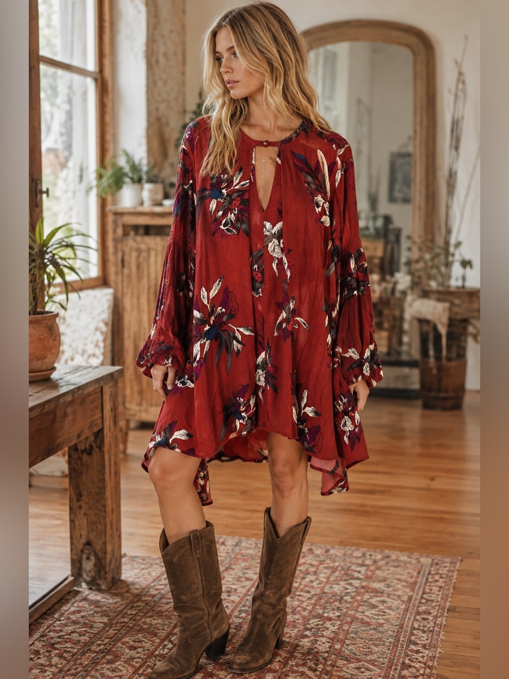 Free People Floral Boho Mini Dress Large Rust Red Oversized Flowy Tunic